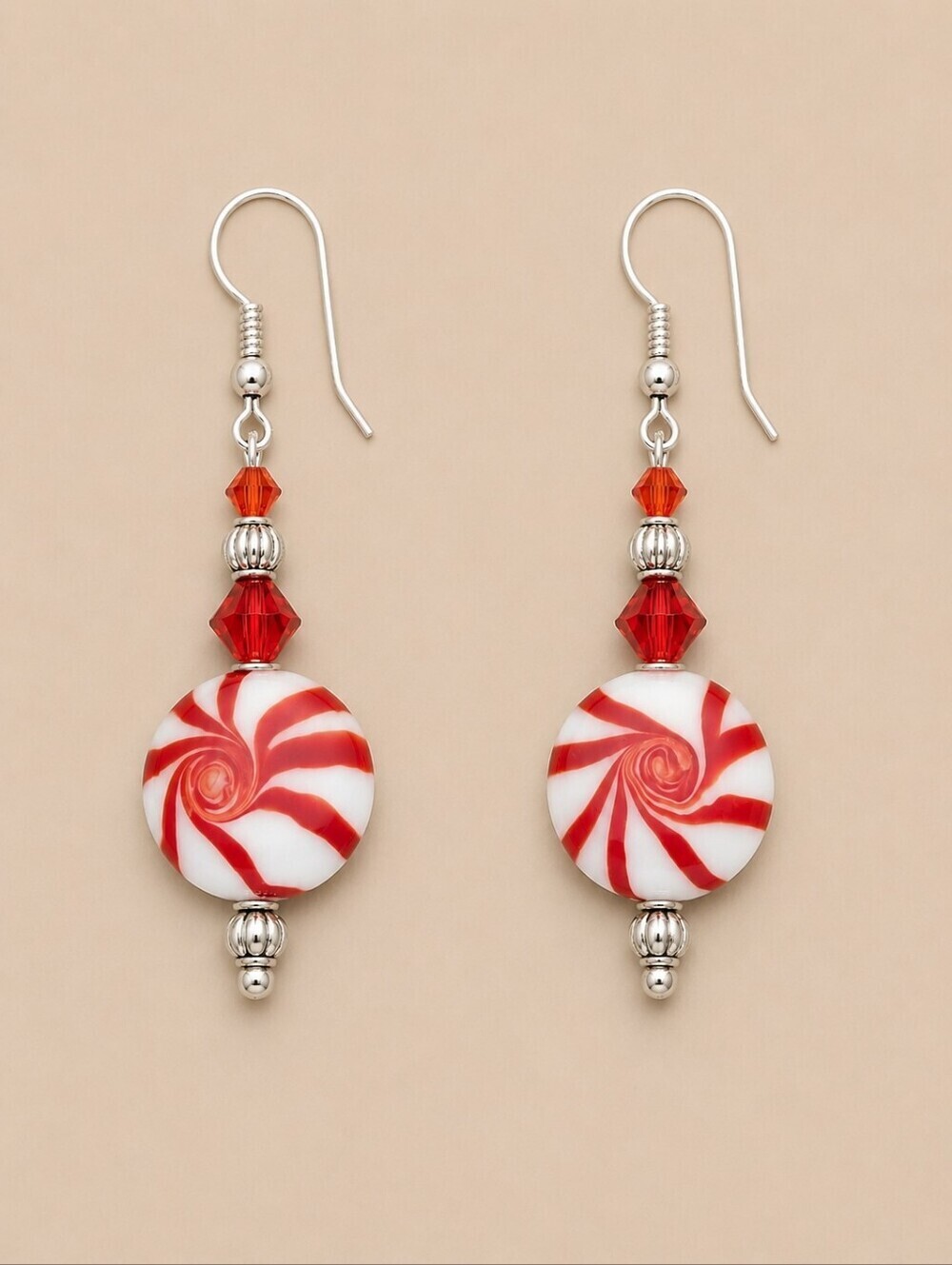HANDMADE Glass Peppermint Swarovski Crystal Beaded Holiday Dangle Earrings